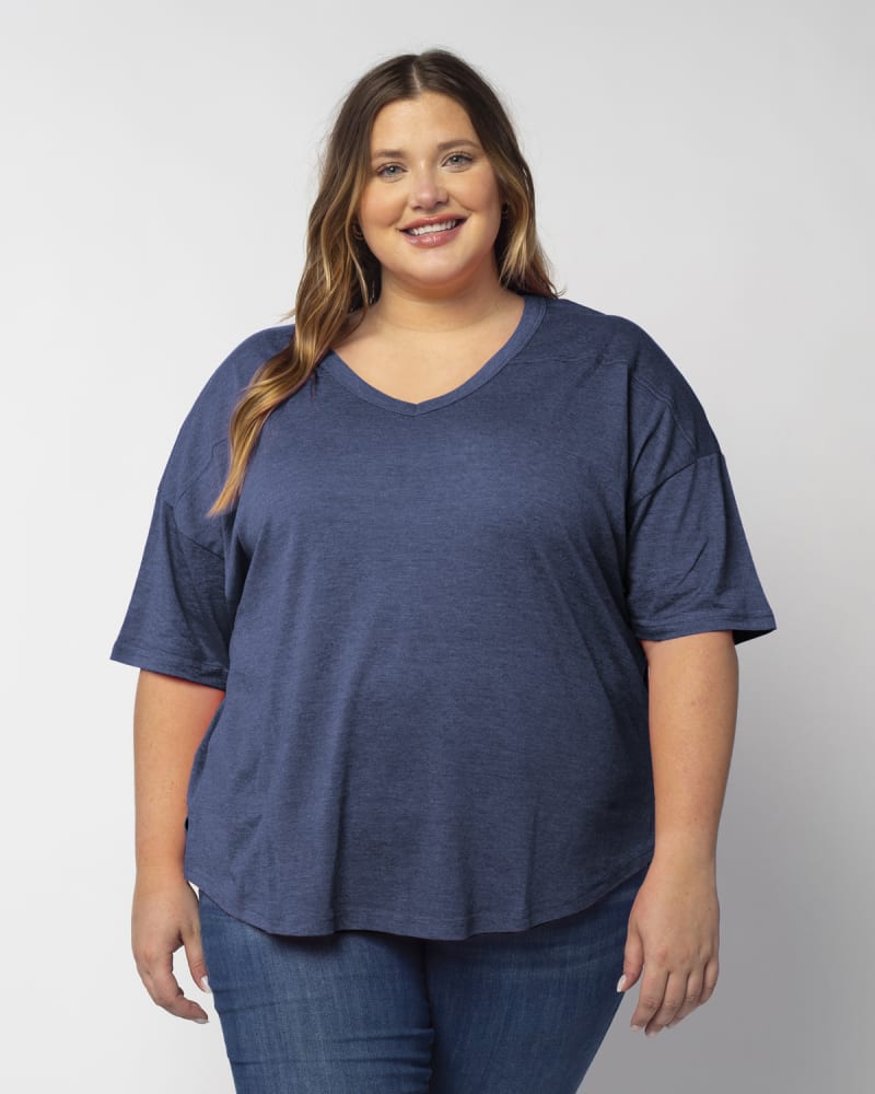 Front of a model wearing a size 1X V-Happy Jersey in Navy by chicka-d. | dia_product_style_image_id:289471